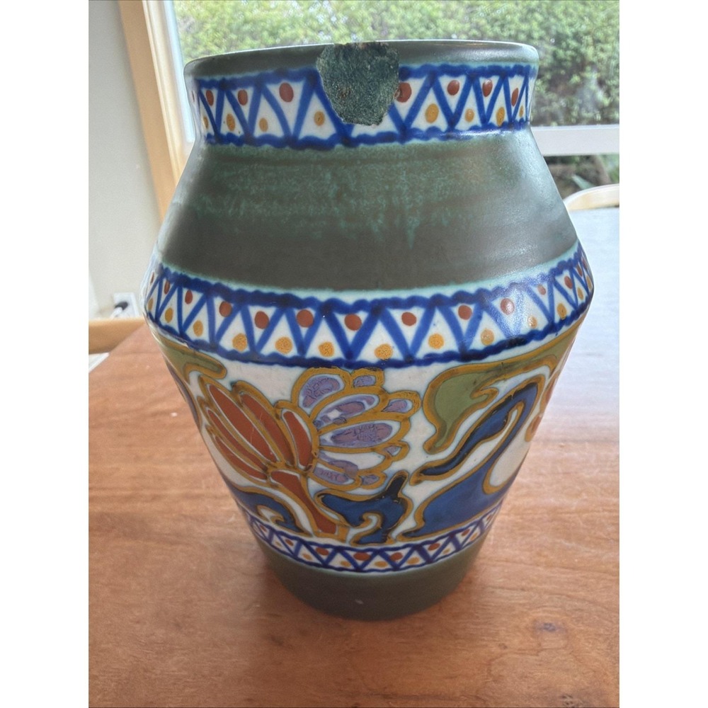 Vintage Dutch Gouda Crocus Art Pottery‎ Vase 6.5" Raised Slip Floral